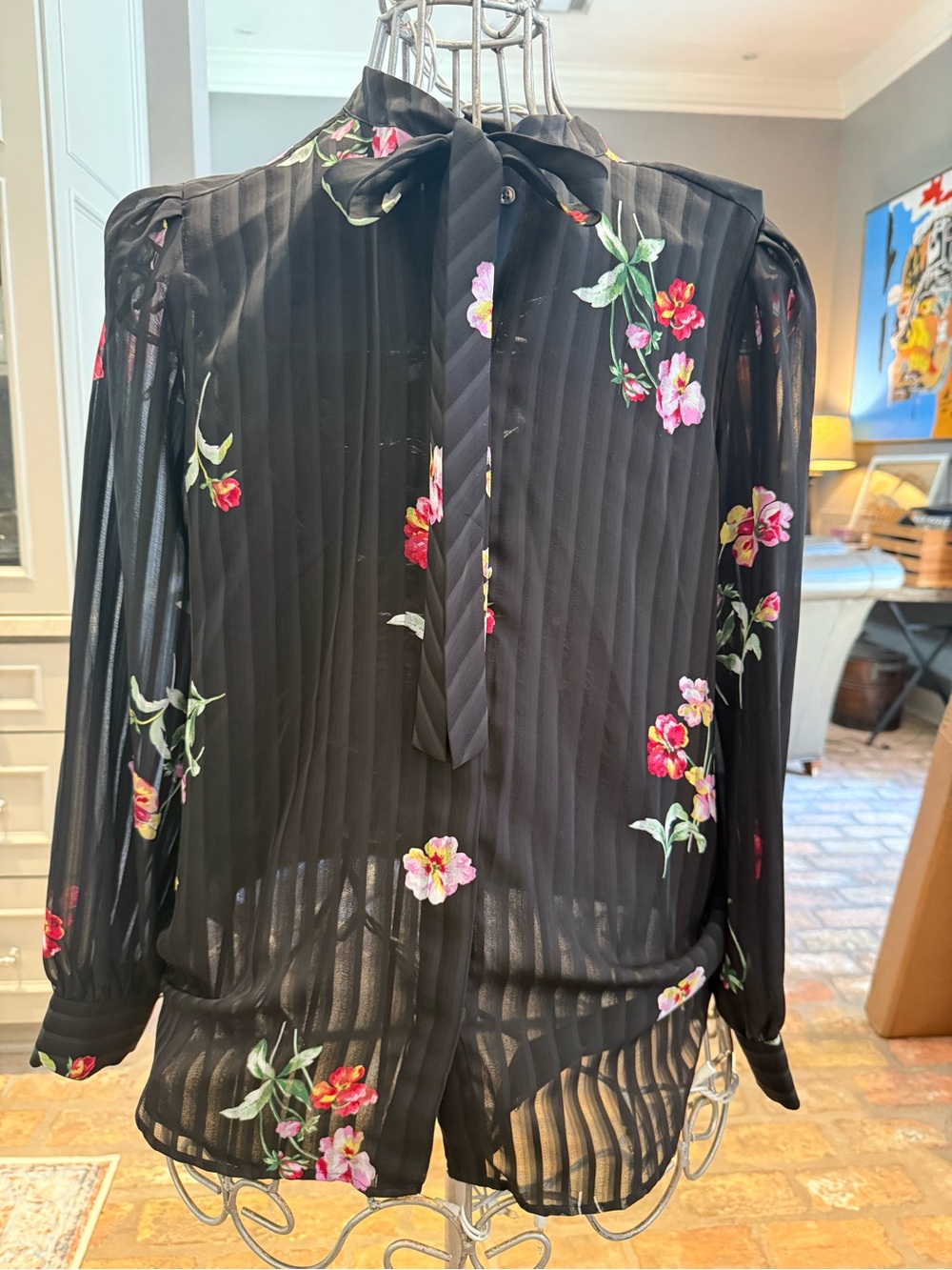 Ann Taylor Black Sheer Floral Tie-Neck Blouse
